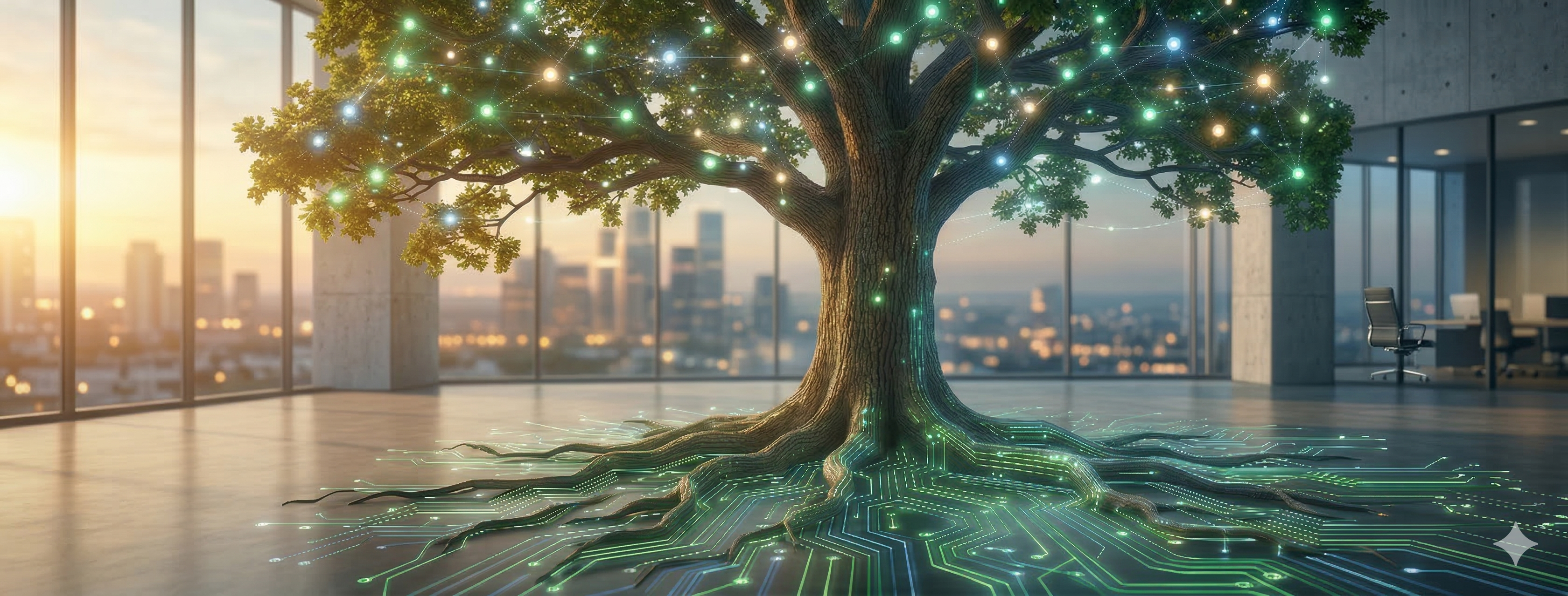 An oak tree with circuit-board roots