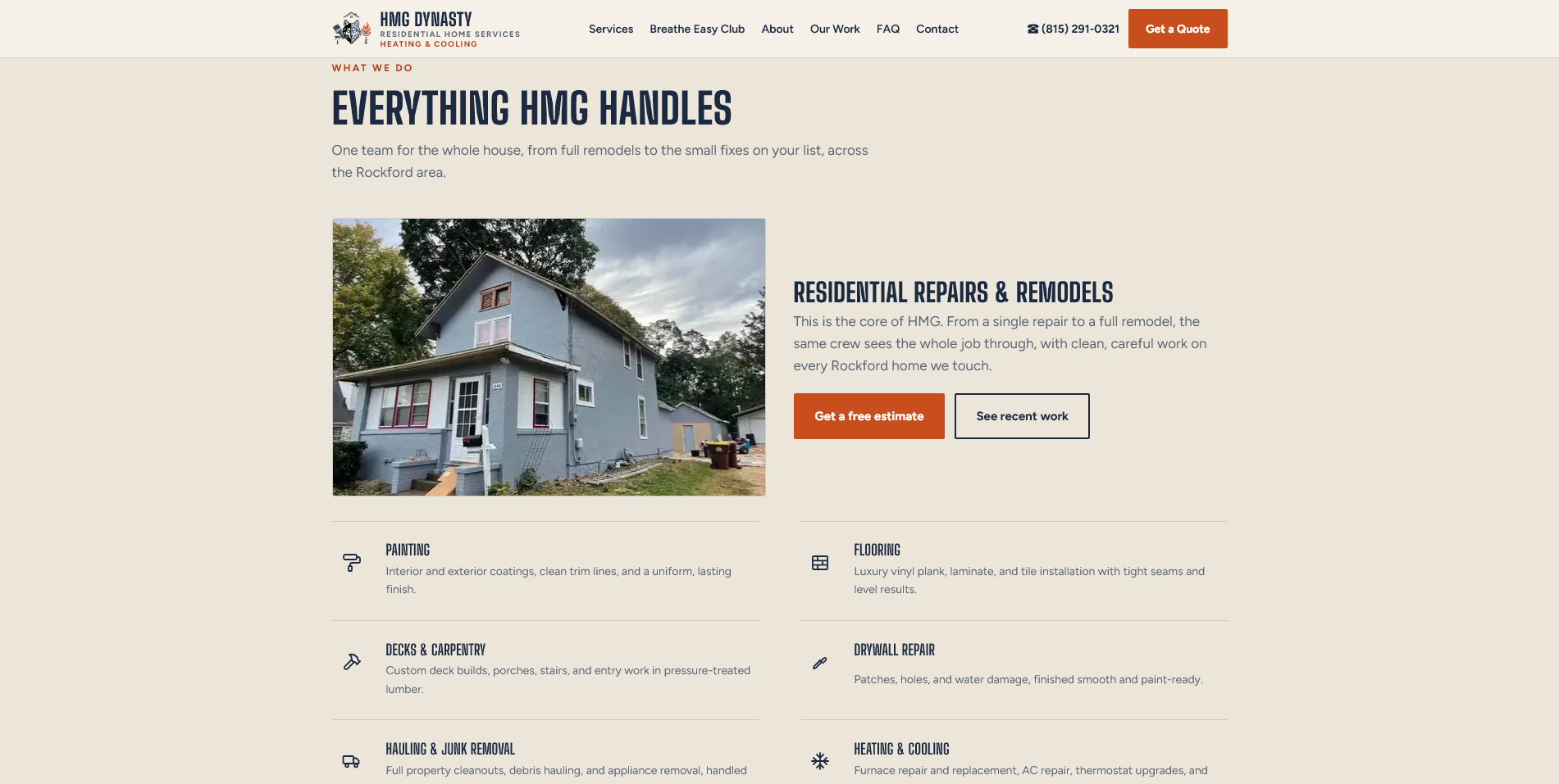 HMG Dynasty services section showing eight trades