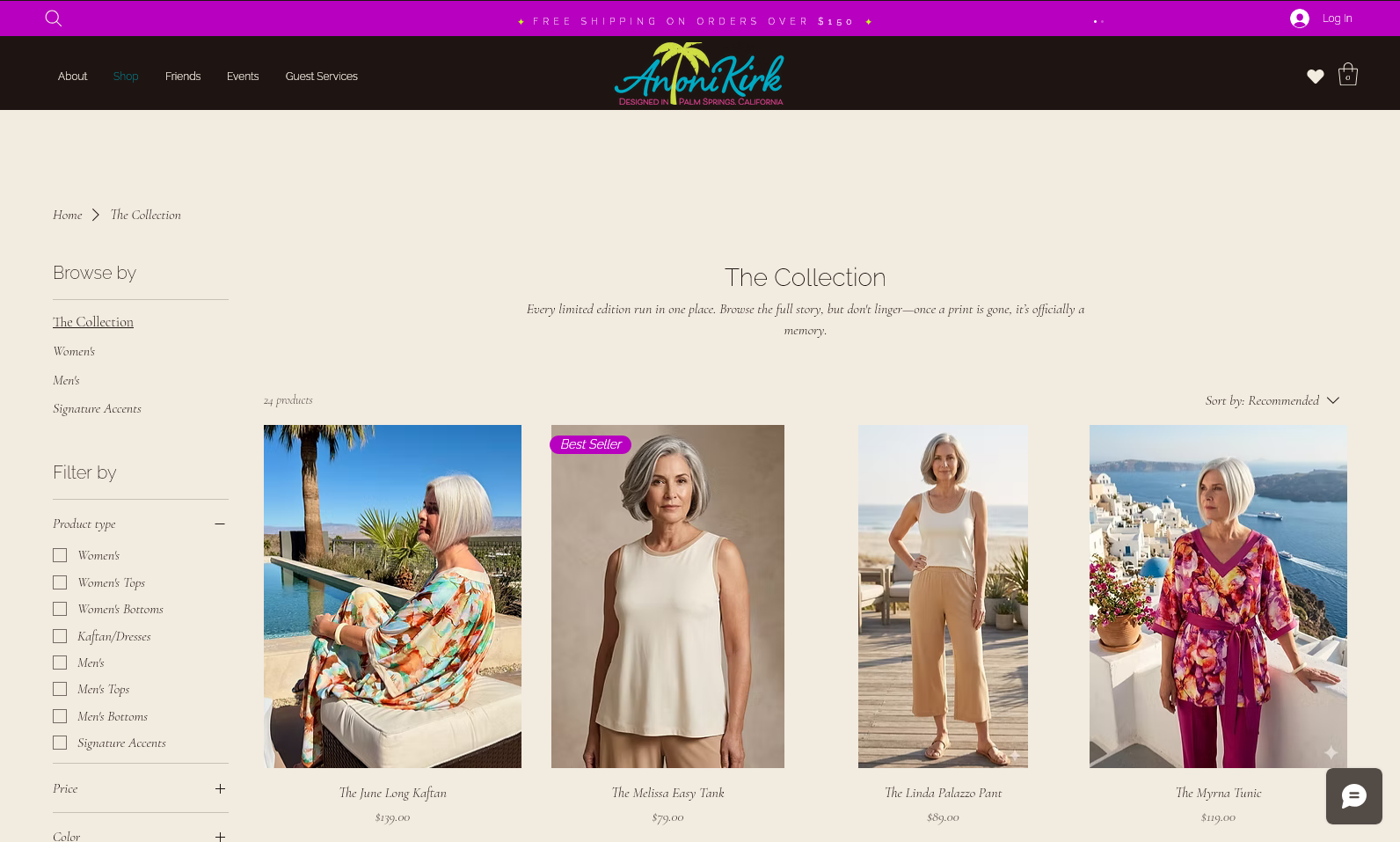 Antoni Kirk Apparel shop collection page showing resort wear